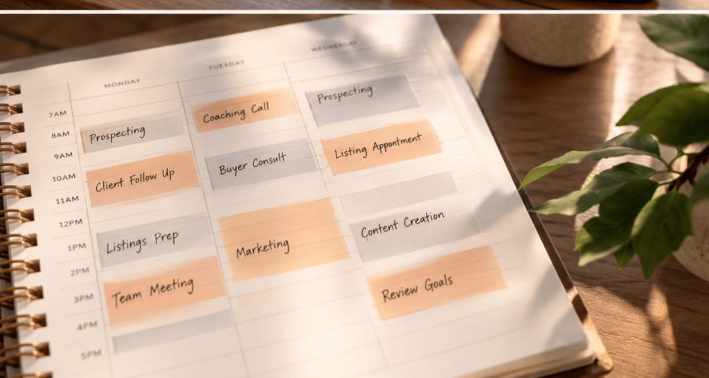 Weekly calendar with time blocked for real estate prospecting, follow-up and appointments